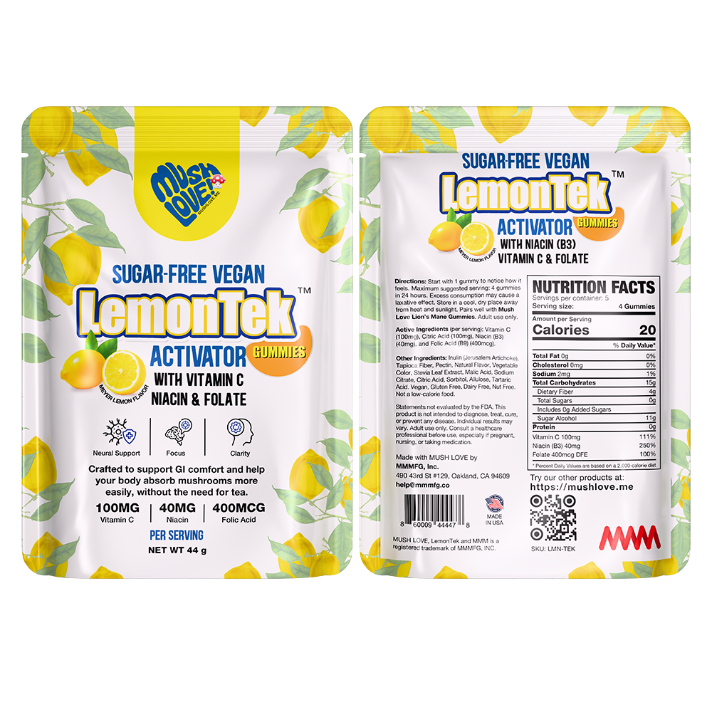 LemonTek Sugar-Free Vegan Activator Gummies w/ Niacin, C & Folate. Needed to complete the “Nootropic Stack.” Extends effects & lowers GI issues.
