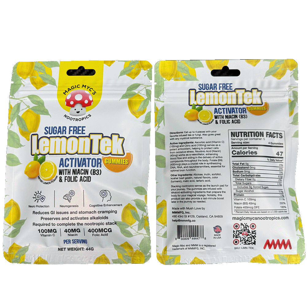 LemonTek Sugar Free Activator Gummies w/ Niacin, C & Folate. Needed to complete the “Nootropic Stack.” Extends effects & lowers GI issues.