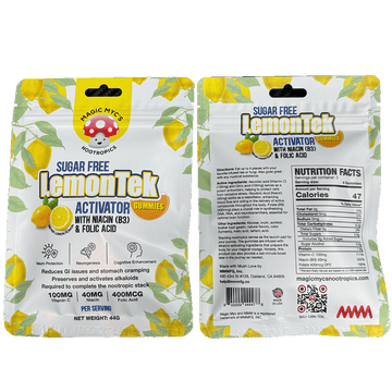 LemonTek Sugar Free Activator Gummies w/ Niacin, C & Folate. Needed to complete the “Nootropic Stack.” Extends effects & lowers GI issues.